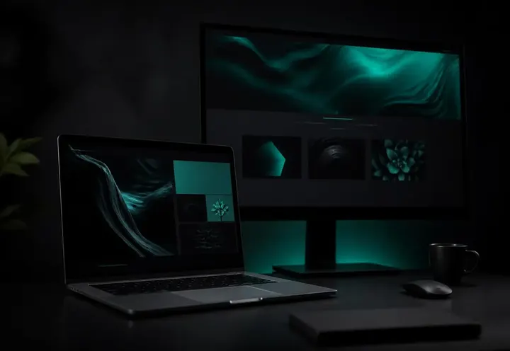 A dark studio desk with a laptop and monitor showing a website design in progress